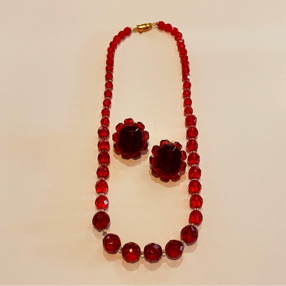 Jewelry - Vintage West Germany Cherry Red Clip On Earrings & Neclace